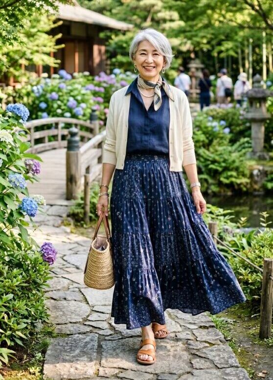 60代女性　ネイビーのティアードスカートとカーディガンのコーデ