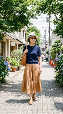 ネイビーニット×キャメルティアードスカートの街着コーデ