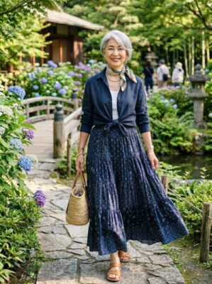 60代女性　シャツ前結び×ティアードスカートコーデ